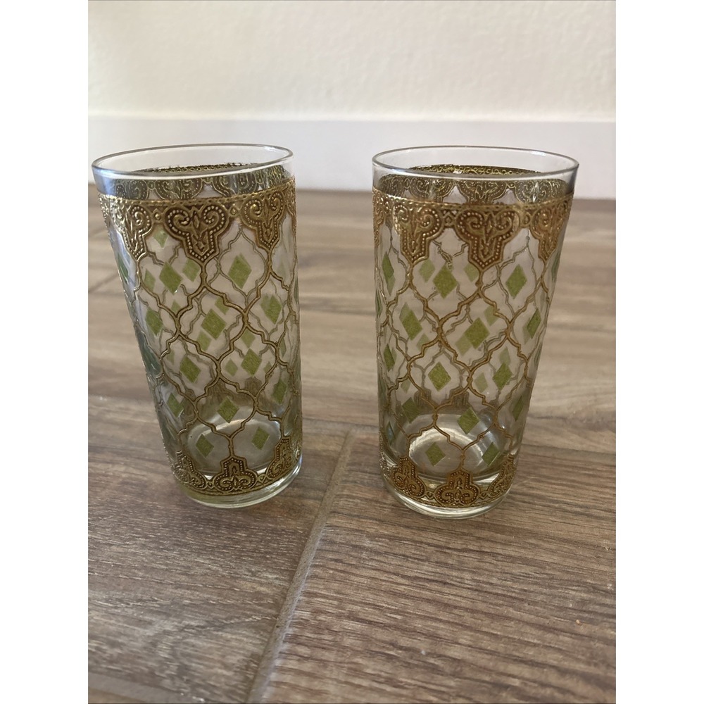 Vintage MCM Culver Valencia Highball Green 22k Gold Overlay‎ Signed Glasses